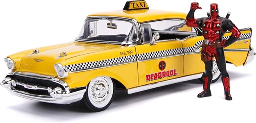 Jada 1957 Chevrolet Bel Air Taxi Yellow with Deadpool Die-cast Figure Marvel Series 1/24