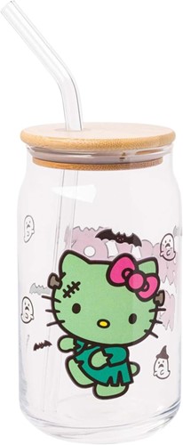 Sanrio Hello Kitty Halloween Spooky Frankenstein Glass Jar Tumbler with Bamboo Lid and Glass Straw