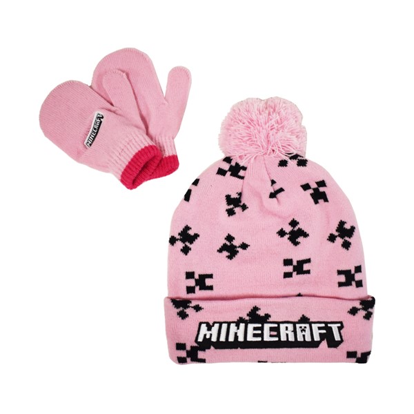 Ensemble bonnet et mitaines à pompon Minecraft rose pour enfant