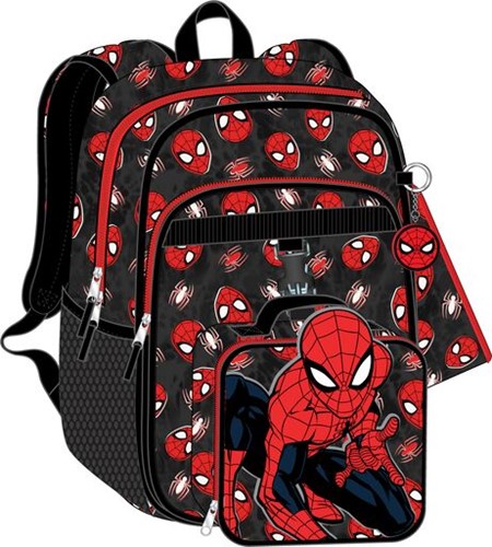 Spiderman Mask Pattern Kids Black Backpack Set