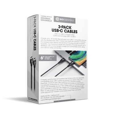 Bio Essentials USB-C to USB-C Charge Cable (3 pack)